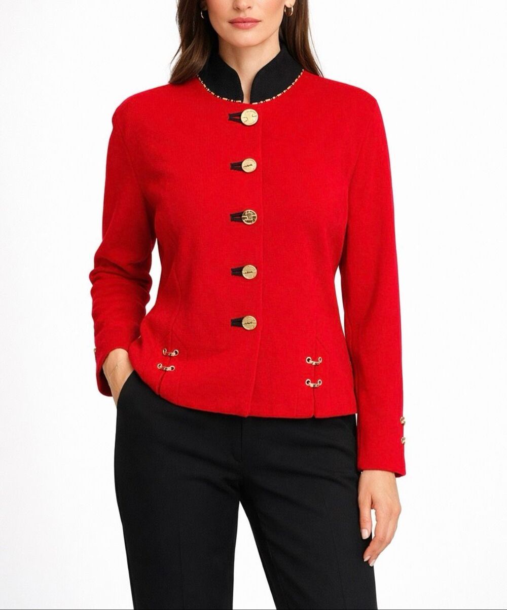 St John Collection Santana Knit Jacket Red Black Gold Buttons Vintage Sz 8